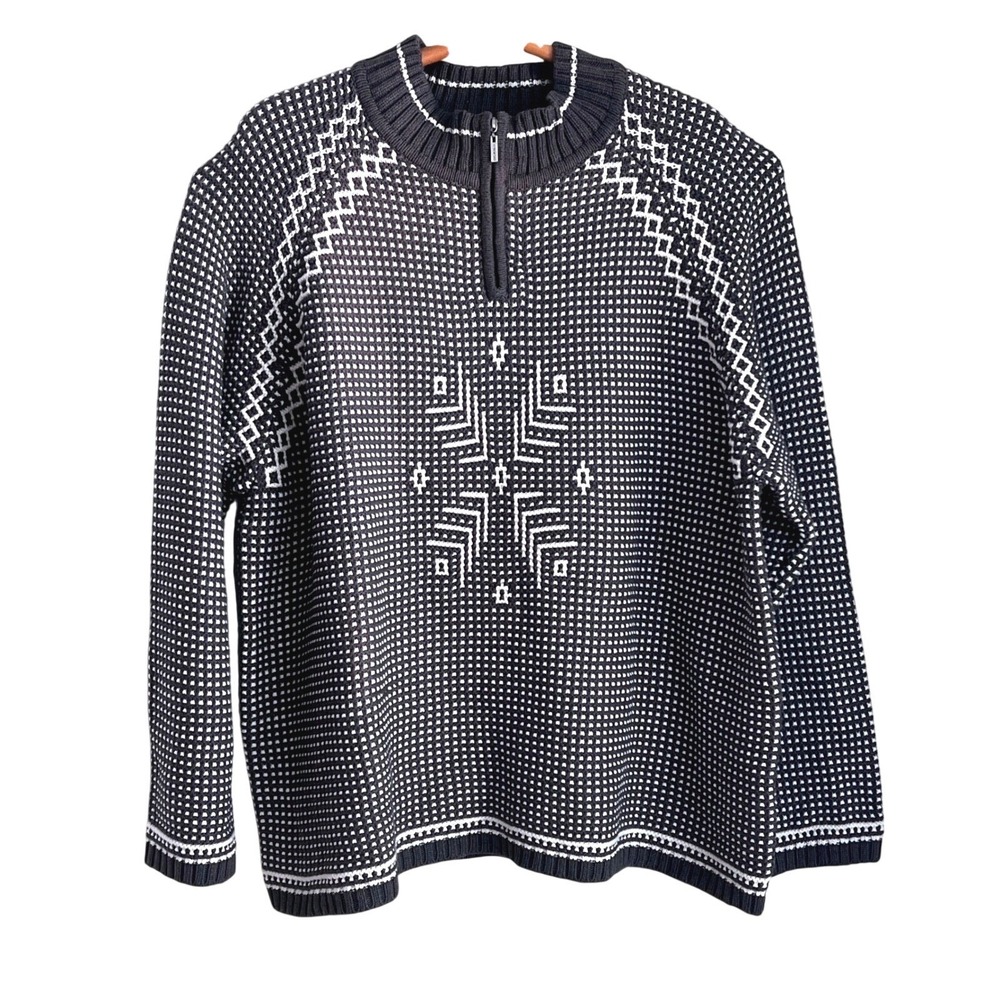 Liz & Co Quarter Zip Sweater 2X Women Fair Isle Snowflake Gray Nordic Pullover